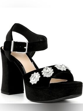 Copper Key Black Jeweled Platform Block Heel Sandals